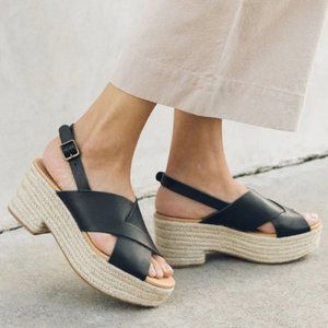 Soludos Amalfi Platform Heel Espadrille Sandals in Black Leather Size 9